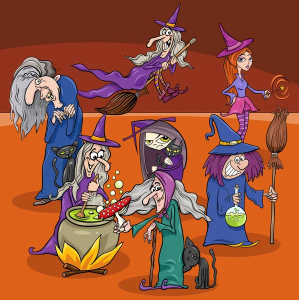 Illustrazione Dei Cartoni Animati Del Gruppo Streghe Sul Tempo Halloween — Vettoriale Stock