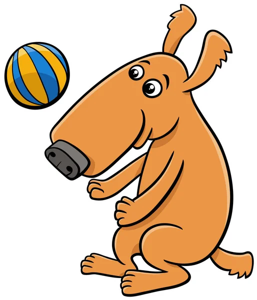 Карикатурная Иллюстрация Забавного Персонажа Комиксов Желтой Собаке Играющей Мячом — стоковый вектор