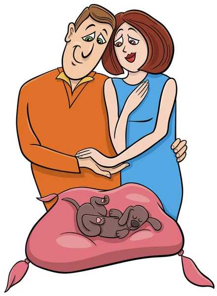 Dessin Animé Illustrant Couple Propriétaires Animaux Compagnie Petit Chiot Endormi — Image vectorielle