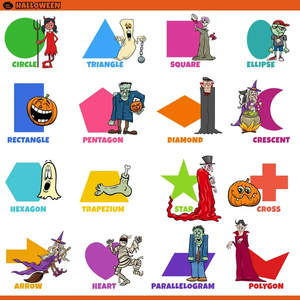 Educational Cartoon Illustration Geometric Shapes Captions Funny Halloween Characters Preschool — Stock Vector