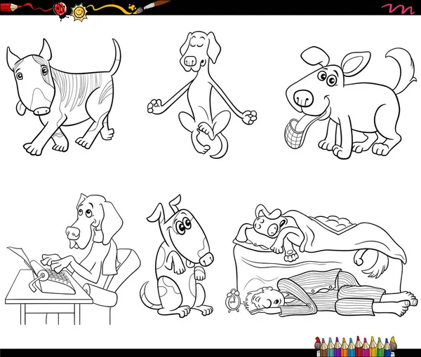 Desenho Animado Preto Branco Ilustração Cães Engraçados Personagens Definir Página — Vetor de Stock