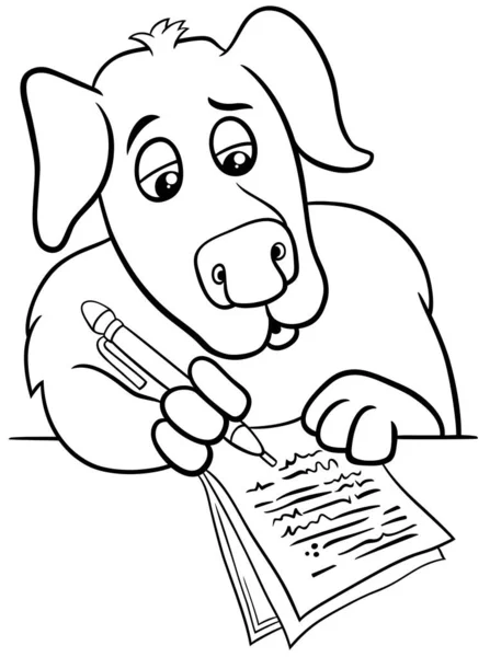 Black White Cartoon Illustration Writer Poet Dog Writting Paper Coloring — Stock Vector