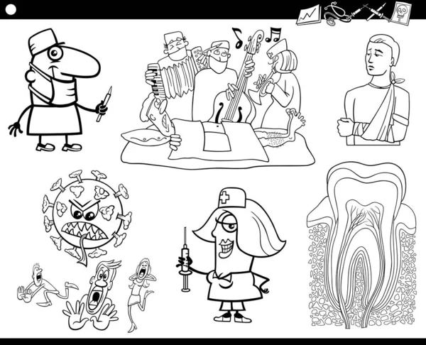 Черно Белая Карикатура Тему Здравоохранения Медицины Комическими Персонажами Частями Тела — стоковый вектор