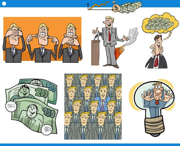 面白いビジネスマンのキャラクターがセットされたビジネスコンセプトの漫画イラスト — ストックベクタ