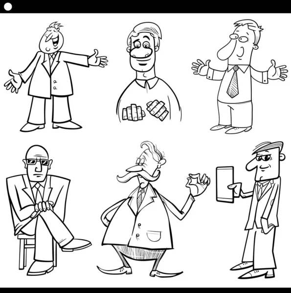 Černobílé Kreslené Ilustrace Legrační Muži Komické Znaky Sada Zbarvení Stránky — Stockový vektor