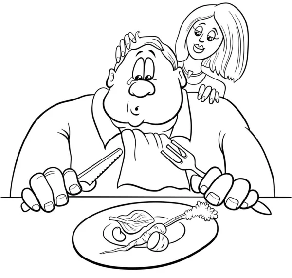 Schwarzweiß Cartoon Humorvolle Illustration Eines Traurigen Mannes Auf Diät Mit — Stockvektor