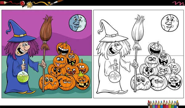 Cartoon Illustration Spooky Witch Halloween Character Pumpkins Coloring Page — Stock Vector