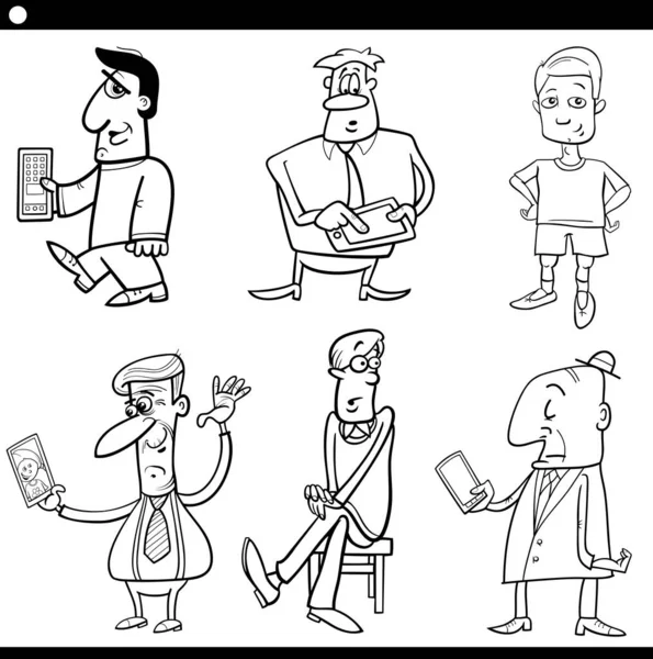 Black White Cartoon Illustration Funny Men Comic Characters Set Coloring — Stock Vector