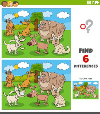 Komik köpek hayvan karakterleri grubuyla resim eğitimsel oyun arasındaki farkları gösteren çizgi film çizimi