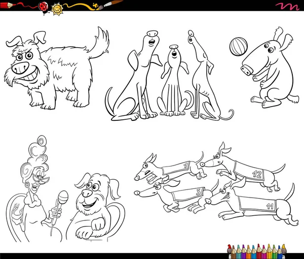 Zwart Wit Cartoon Illustratie Van Grappige Honden Personages Set Kleurplaten — Stockvector