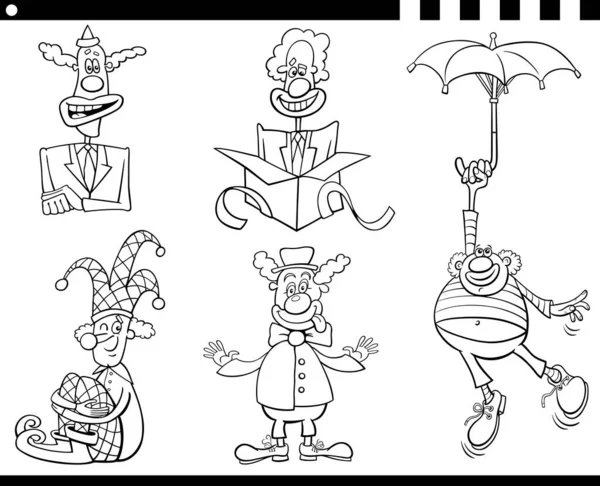 黒と白の漫画のイラストの面白いピエロ漫画のキャラクターセット着色ページ — ストックベクタ