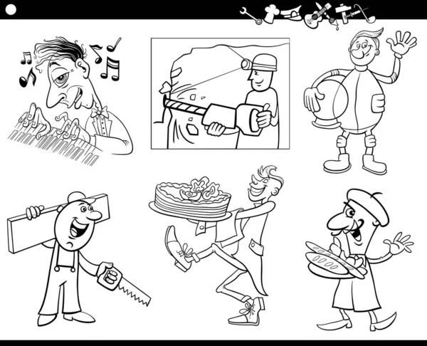 Dibujos Animados Blanco Negro Ilustración Ocupaciones Profesionales Personajes Cómicos Conjunto — Vector de stock