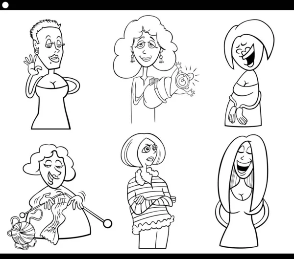 Illustration Dessins Animés Noir Blanc Personnages Drôles Femmes Colorier Ensemble — Image vectorielle