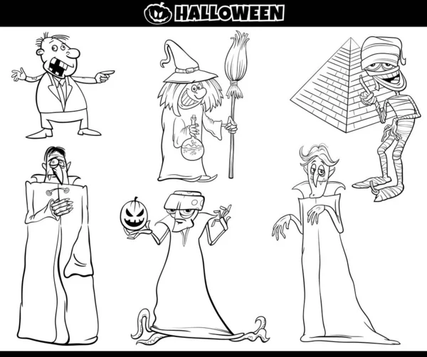 Black White Cartoon Illustration Spooky Halloween Holiday Comic Characters Set — Stock Vector