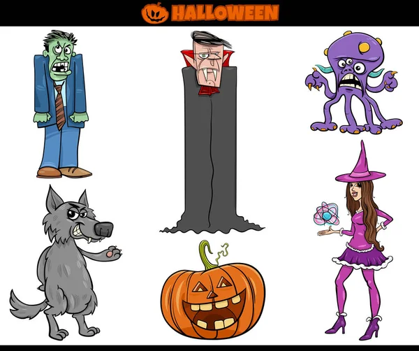 Ilustrasi Kartun Halloween Karakter Komik Liburan Seram Ditetapkan - Stok Vektor