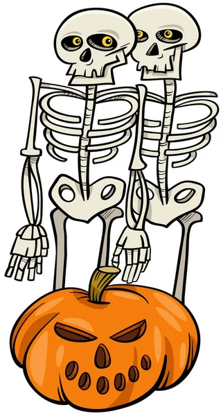 ハロウィンカボチャと不気味な骨格のキャラクターの漫画イラスト — ストックベクタ