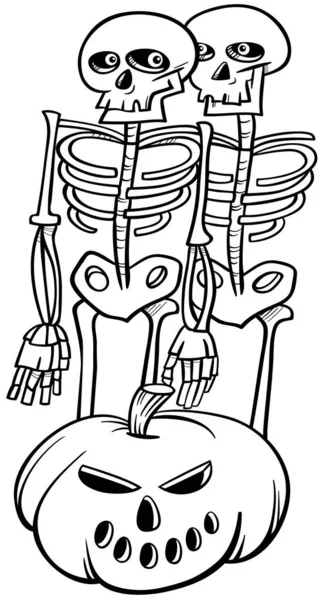 Ασπρόμαυρη Εικονογράφηση Κινουμένων Σχεδίων Των Τρομακτικό Χαρακτήρες Σκελετός Κολοκύθα Αποκριών — Διανυσματικό Αρχείο