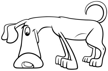 Siyah beyaz çizgi film çizimi, komik kokulu köpek hayvan karakteri boyama kitabı sayfası.