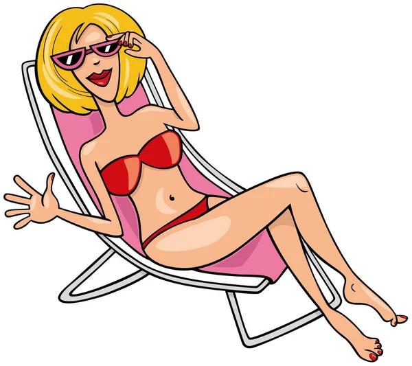 Cartoon Illustration Attractive Young Woman Comic Character Beach Chair — Stock Vector