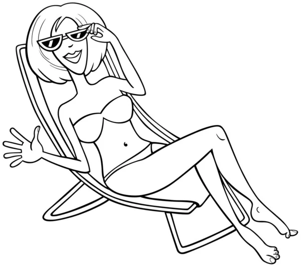 海滨长椅上的黑白漫画形象 迷人的年轻女性喜剧演员 — 图库矢量图片