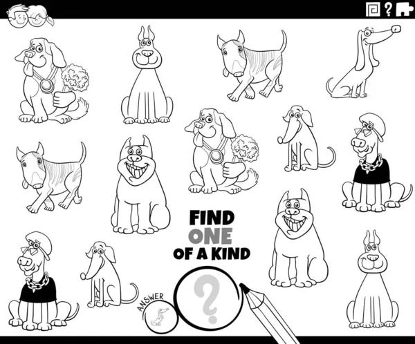 黒と白の漫画のイラストは 漫画の犬の動物のキャラクターの着色ページと一種の画像教育ゲームの1つを見つける — ストックベクタ