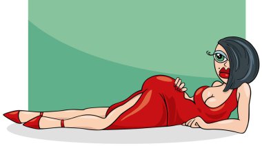 Kırmızı elbiseli çekici kadın karakterinin çizgi film çizimi