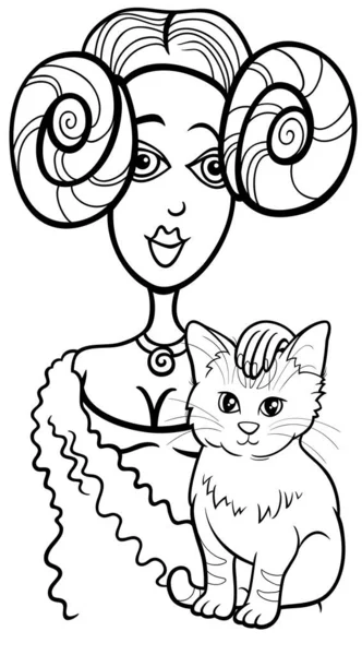 Ilustración Dibujos Animados Blanco Negro Una Mujer Propietaria Mascotas Acariciando — Vector de stock