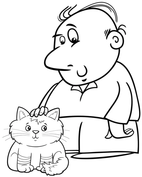 Black White Cartoon Illustration Man His Cat Kitten Coloring Page — Stock Vector