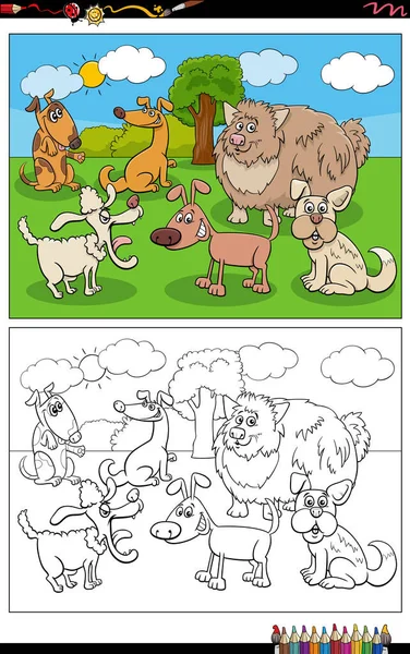 Cartoon Illustratie Van Grappige Honden Stripfiguren Groep Het Park Kleurplaat — Stockvector