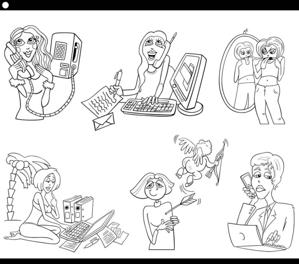 Zwart Wit Cartoon Illustratie Van Grappige Vrouwen Stripfiguren Set Kleurplaat — Stockvector
