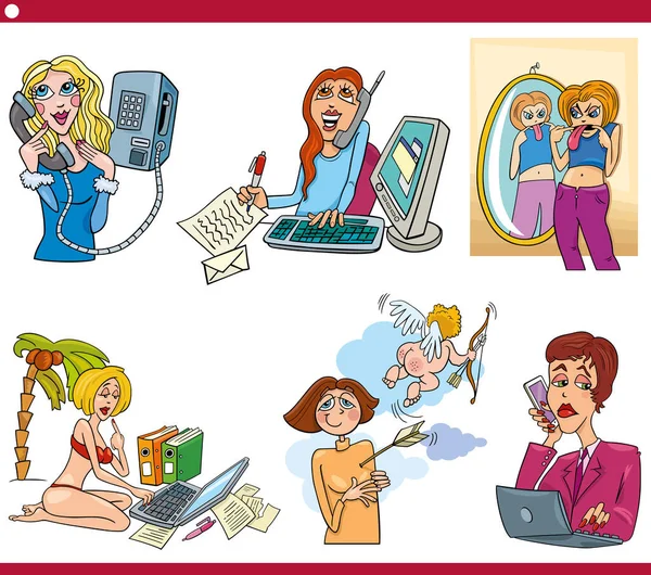Illustration Dessins Animés Personnages Comiques Drôles Femmes — Image vectorielle
