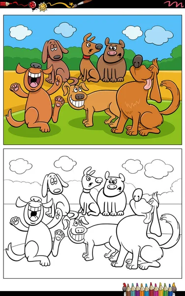 面白い犬漫画のイラスト漫画のキャラクターグループのぬり絵ページ — ストックベクタ