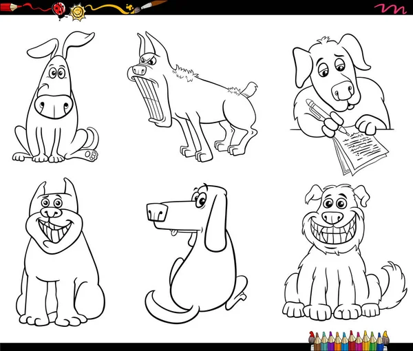 Zwart Wit Cartoon Illustratie Van Grappige Honden Stripdier Personages Set — Stockvector