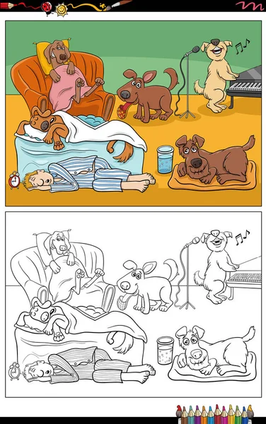 Ilustrasi Kartun Dari Komik Anjing Halaman Pewarnaan Kelompok Karakter Lucu - Stok Vektor
