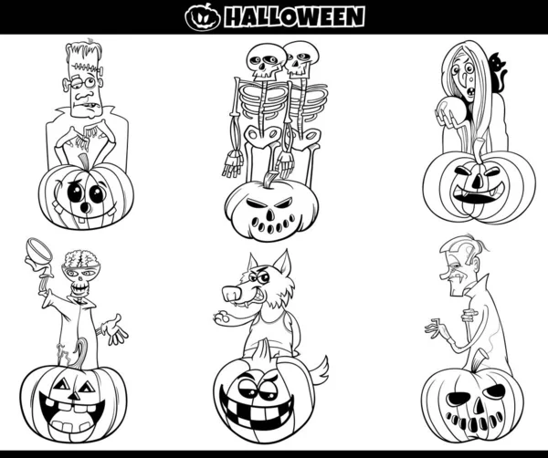 Black White Cartoon Illustration Spooky Halloween Characters Pumpkins Jack Lanterns — Stock Vector