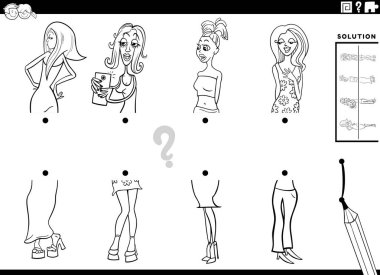 Resimlerin yarısının kız ya da kadın karakter boyama sayfalarıyla eşleştirilmesinin eğitici görevinin siyah beyaz çizimi