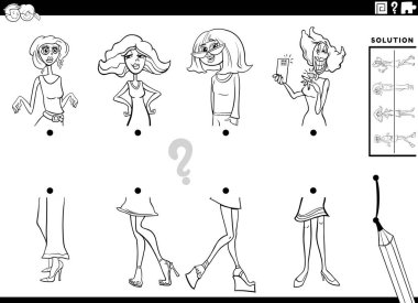 Kadın karakter boyama sayfası ile resimlerin yarısının eşleştirilmesinin eğitici görevinin siyah-beyaz çizimi