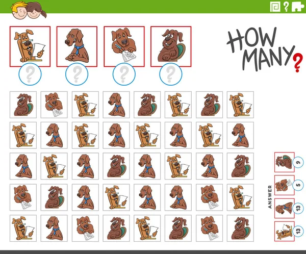 Ilustración Juego Conteo Educativo Con Personajes Animales Dibujos Animados Perros — Vector de stock