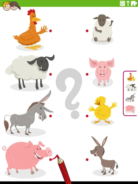 Zeichentrick Illustration Der Pädagogischen Matching Aufgabe Mit Charakteren Von Nutztieren — Stockvektor