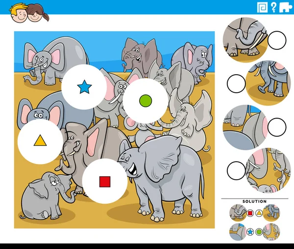 Tecknad Illustration Pedagogiska Matcha Bitarna Pussel Spel Med Roliga Elefanter — Stock vektor