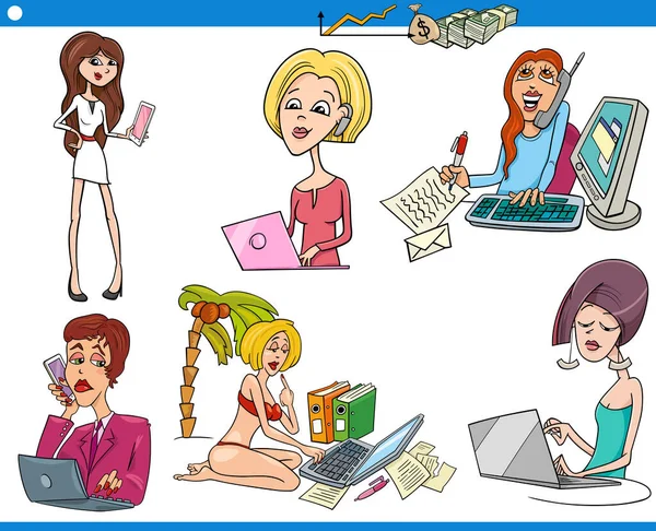 Εικονογράφηση Κινουμένων Σχεδίων Των Αστείων Γυναικών Επιχειρηματίες Στο Σύνολο Χαρακτήρων — Διανυσματικό Αρχείο