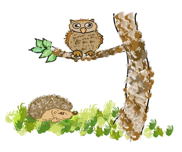 Cartoon cute owl and hedgehog — Stock Photo, Image