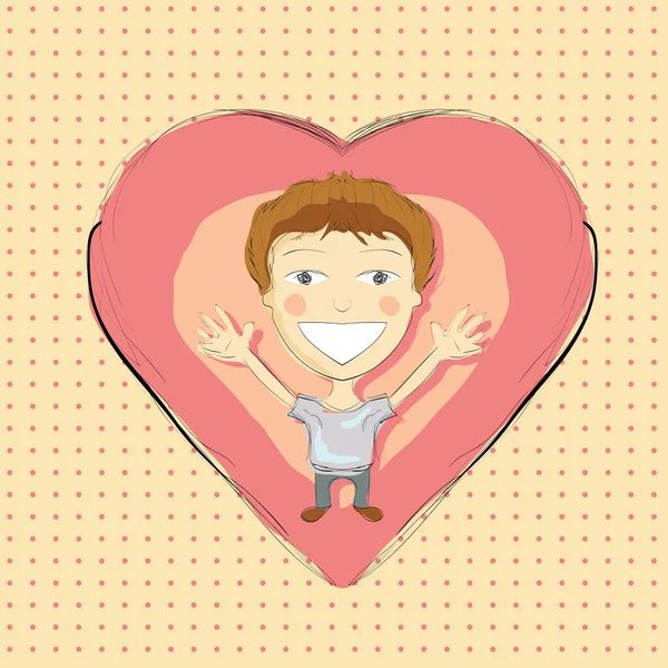 Ragazzo disegnato a mano con cuore rosa — Vettoriale Stock