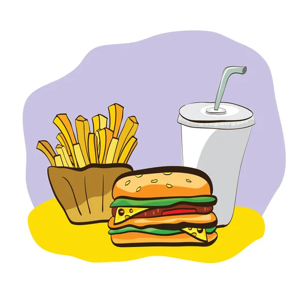 Ilustración de frituras, hamburguesas y bebidas — Vector de stock