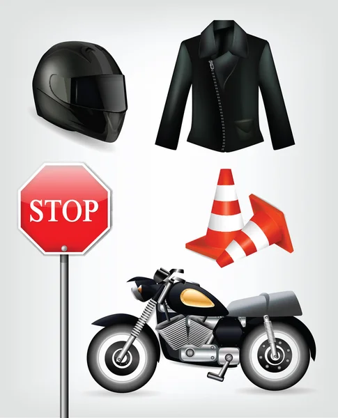 Motorfiets objecten: helm, jas, verkeer kegels — Stockvector