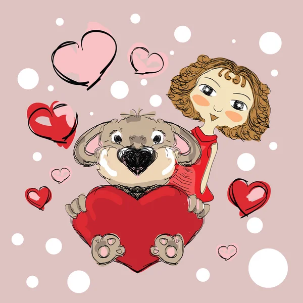 犬と少女のバレンタイン — ストックベクタ
