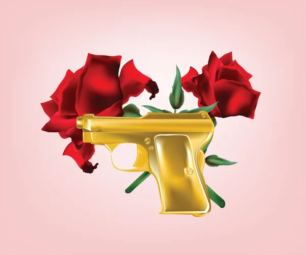 Pistola de oro con dos rosas rojasχρυσό πιστόλι με δύο κόκκινα τριαντάφυλλα — Διανυσματικό Αρχείο