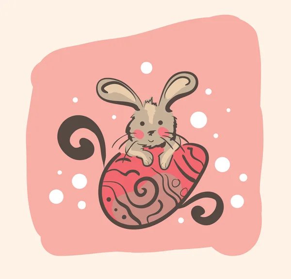 Pembe easter egg oturan komik kahverengi tavşan gösteren resim — Stok Vektör