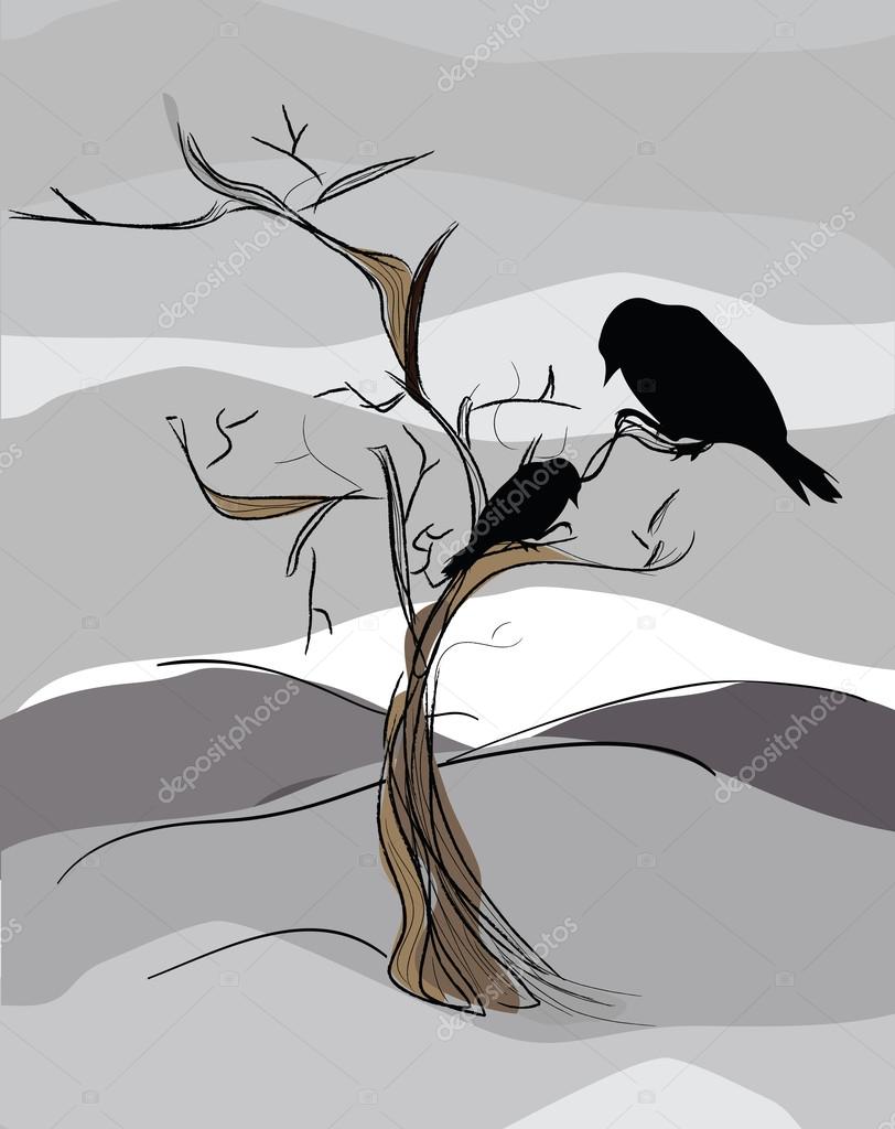 illustration of two ravens sitting on tree with winter landscape