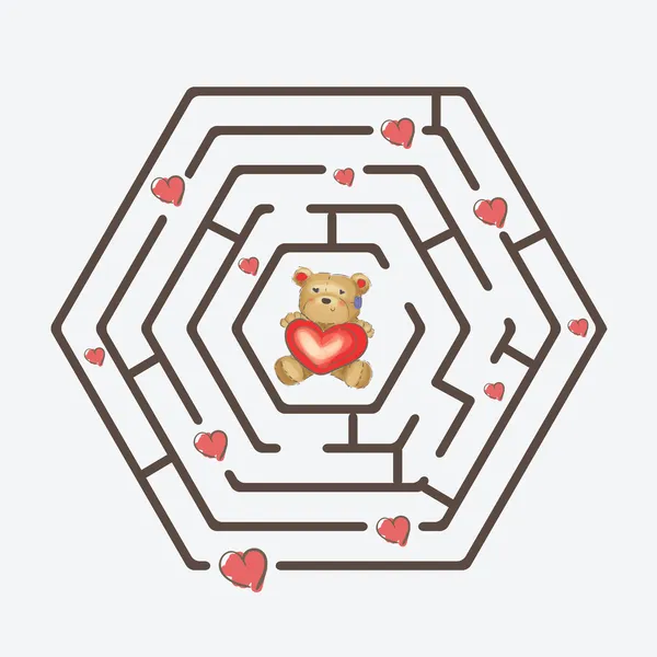 Labyrinthe avec ours en peluche tenant un cœur — Image vectorielle